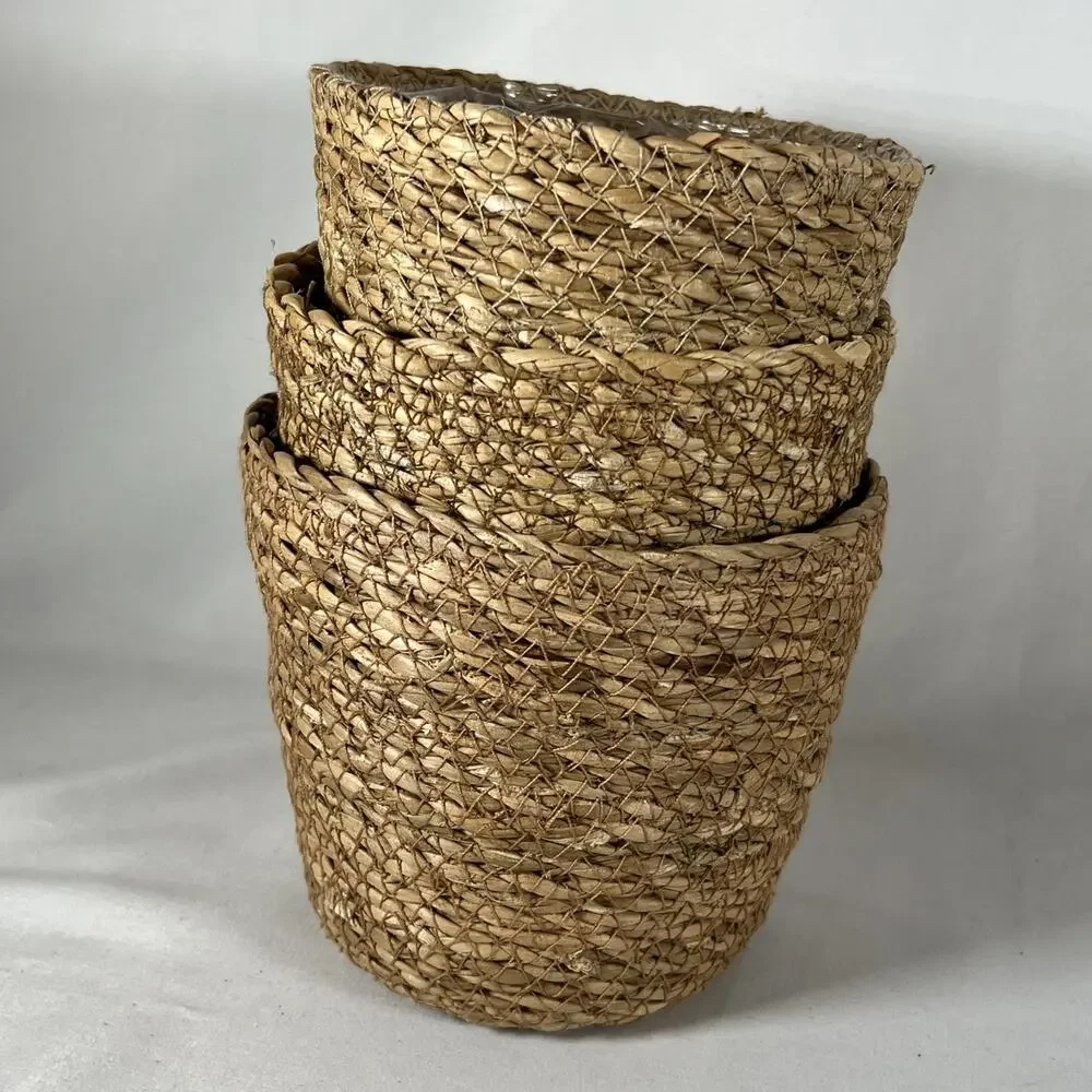 Set of 3 Rope Jute Wicker Grass Plastic Lined Plant Baskets Holders 5-5.75” Pots